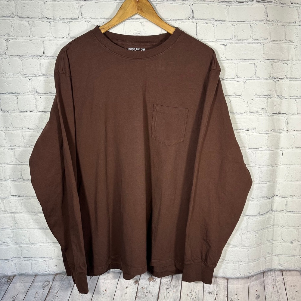 American Giant Mens 2XL Brown Long Sleeve Pocket T-Shirt 100% Cotton Made in USA